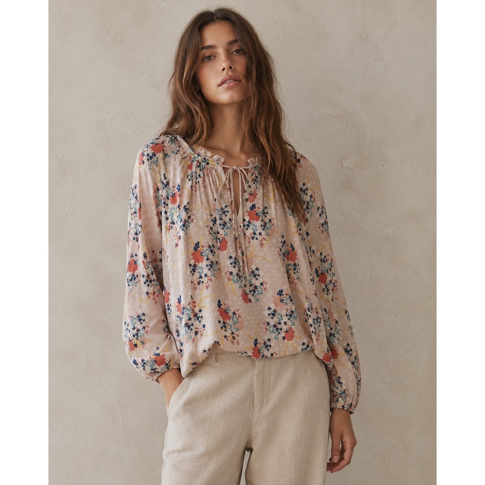 Velvet by Graham & Spencer Floral Tie Neck Blouse Pink Small S